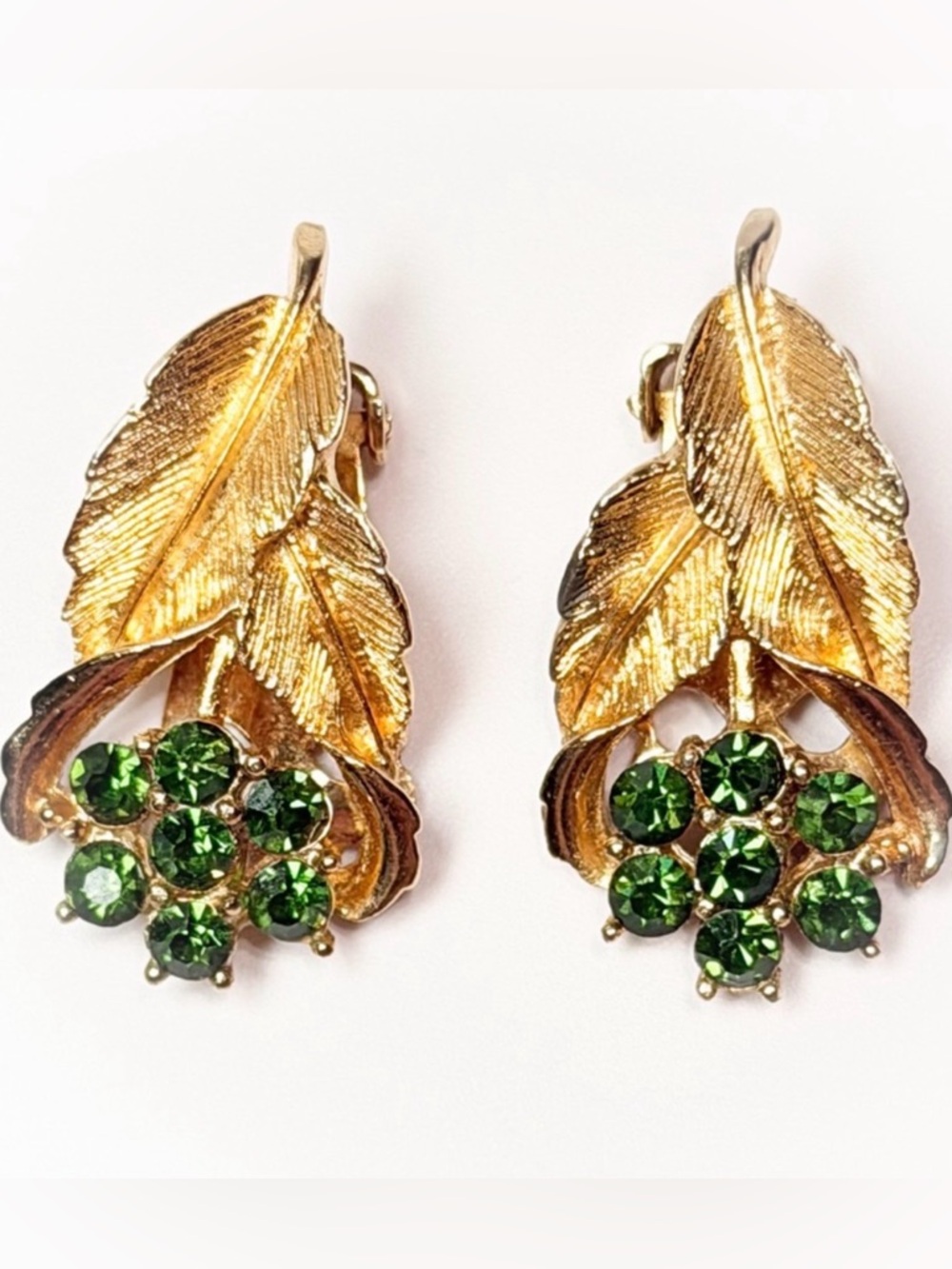 Vintage Coro Green Rhinestone Gold-Tone Leaf Earrings - Picture 2 of 5